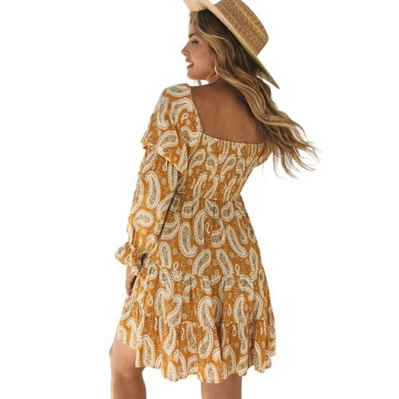 Yellow Sunny Bohemian Bliss: Paisley Long Sleeve Floral Dress size Large NWOT - Picture 3 of 14
